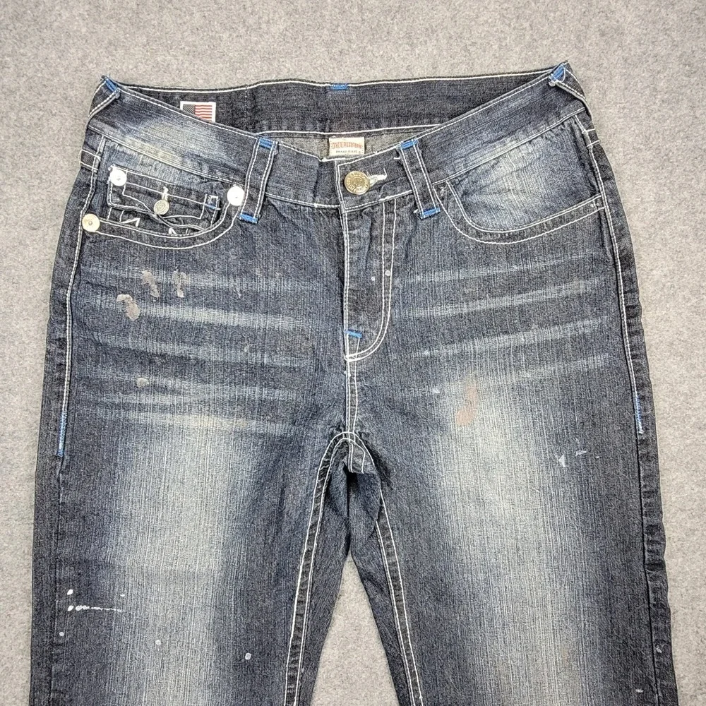 True Religion Ricky Jeans Mens 38x24 Blue Paint Splatter Contrast Stitch USA